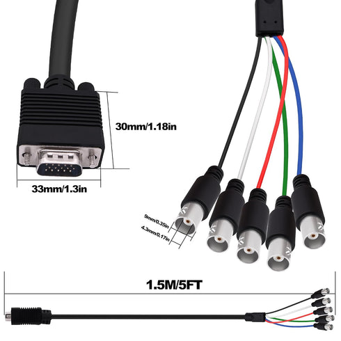 CybNemo 5BNC 15 5 -1.5M/5FT VGA to Video Signal Cable HD VGA Male to BNC Female RGBHV Coaxial Monitor Breakout Cord