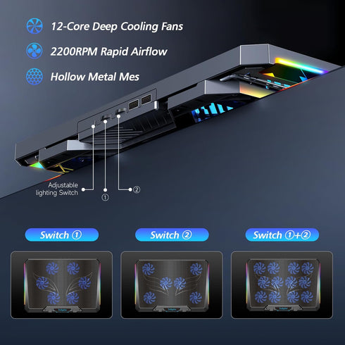 Laptop Cooling Pad with 12 Quiet Fans, Slim Portable for 12-17.3 Inch Laptop, Ergonomic Gaming Cooling Fan Pad