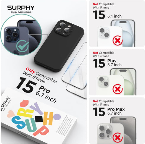 SURPHY Designed for iPhone 15 Pro Case Compatible with MagSafe (6.1 inch 2023), with 2 Pack Screen Protector, Liquid Silicone Phone Case (Camera Protective + Soft Microfiber Lining), Black