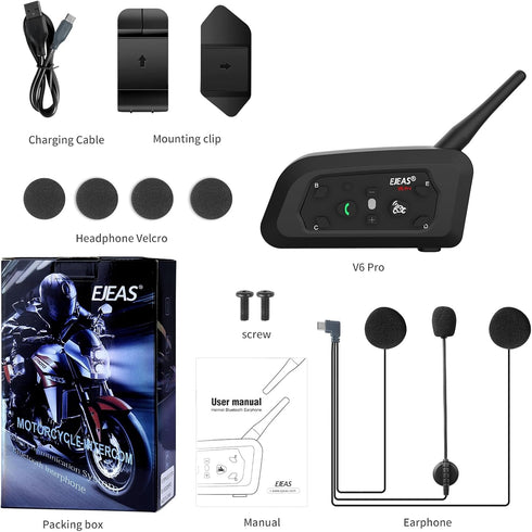 EJEAS Motorcycle Helmet Bluetooth Headset V6 Pro, 2-Way 1200M Intercom Communication System for Motorbike
