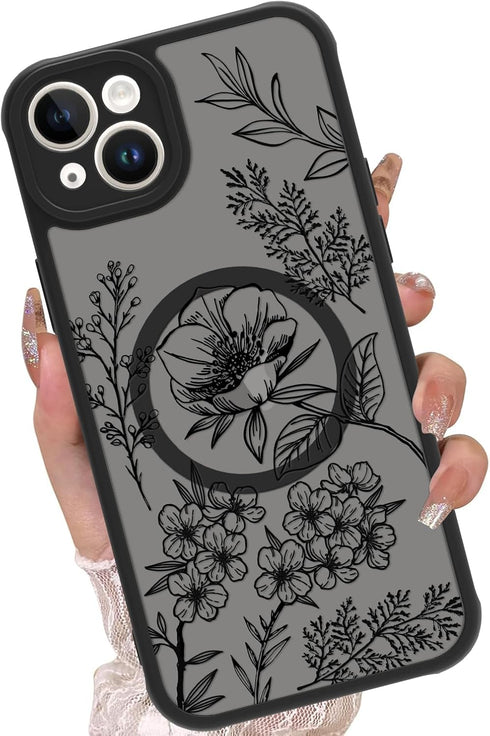 OOK Designed for iPhone 15 Case Black Floral Flower Leaves Pattern Compatible with