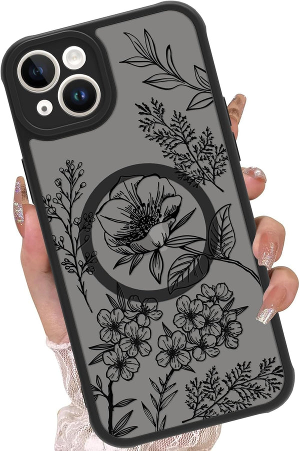 OOK Designed for iPhone 15 Case Black Floral Flower Leaves Pattern Compatible with