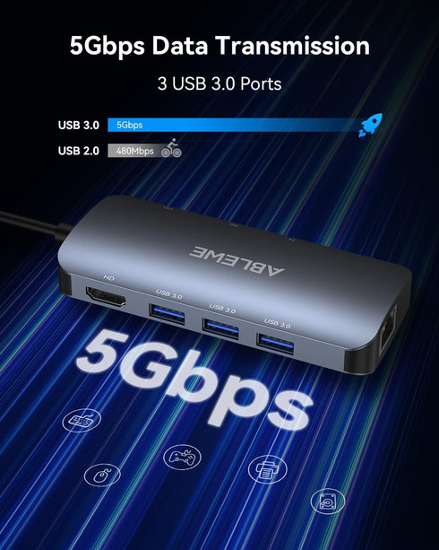 ABLEWE 8 1 4K@60Hz Adapter,1000Mbps, 100W 3 3.0 USB C Hub Ethernet, Multiport USB C to HDMI Hub, in USBC PD, USB Ports