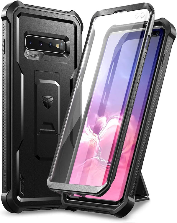 Dexnor Heavy Duty Military Grade Protection Case for Samsung Galaxy S10+ Plus, Black with Built-in Screen Protector and