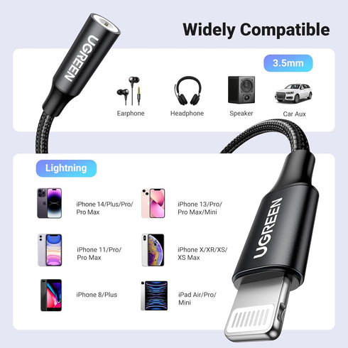 UGREEN Lightning to 3.5mm Headphone Adapter, MFi Certified, Compatible with iPhone 14 Pro Max/14 Plus/13/12/11/SE,