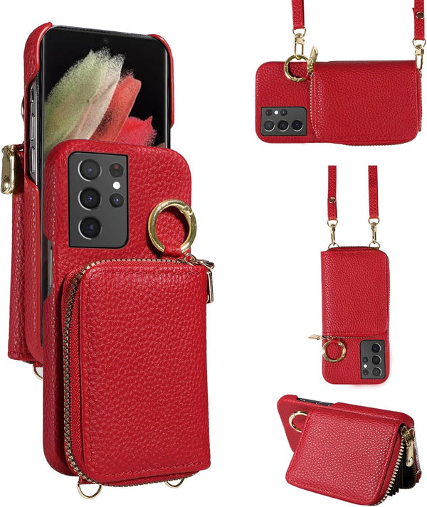 Furiet Wallet Case for Samsung Galaxy S21 Ultra 5G, Shoulder Strap Ring Buckle, Luxury PU Leather Zipper Flip Organ