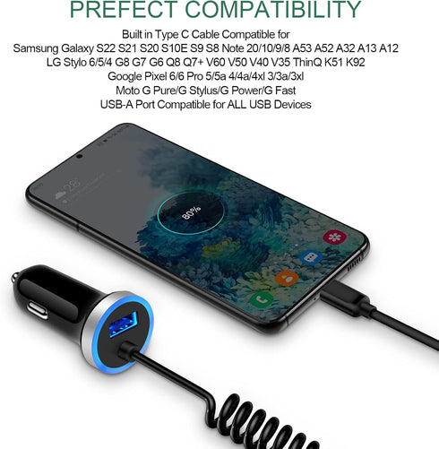USB C Car Charger, 3.4A Fast Charging Adapter with 3ft Type C Coiled Cable for Samsung Galaxy A15 5G A14 A13 A53 A54