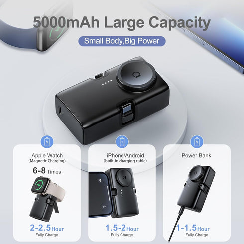 Portable Charger for iPhone Apple Watch, Samsung, 5000mAh 20W PD Fast Charging Built-in Foldable USB-C Connector,