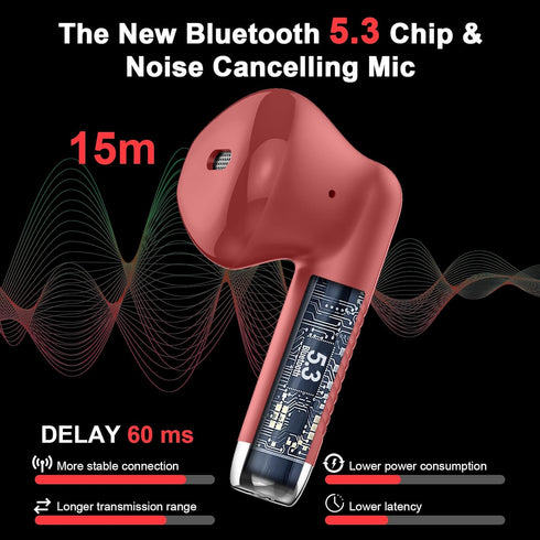 Wireless Earbuds, Bluetooth 5.3 Headphones with Noise Cancelling Mic, IP7 Waterproof, 32H Playtime, Red