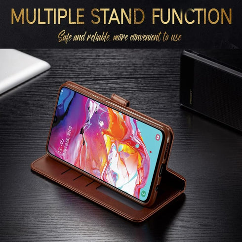 STARSHOP Compatible Samsung Galaxy A12 Phone Case, Leather Wallet Cover with Tempered Glass Protector, Brown