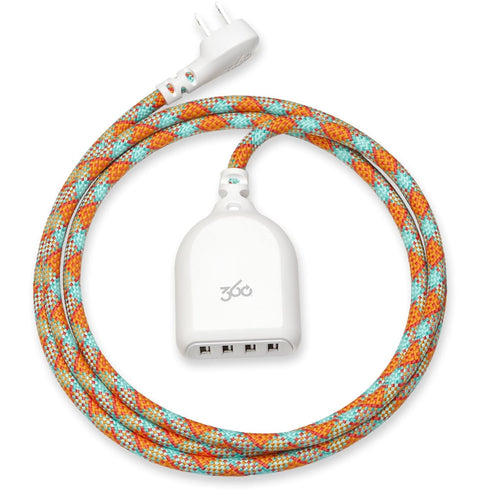 360 Electrical Habitat 4.8, 6 ft 4-Port USB Extension Cord, Durable Braided Casing, Poppy Fields, USB Charger Cable,