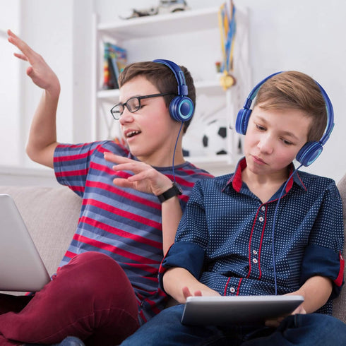 POWMEE P10 Kids Headphones with Microphone, Adjustable 85dB/94dB Volume, Foldable On-Ear for School/PC/Cellphone (Blue)