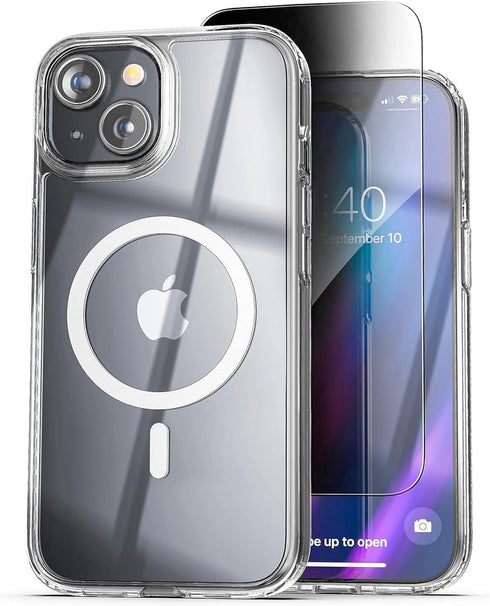 ENCASED Privacy Case for iPhone 15, Slim-fit Clear Case with Anti-Spy Screen Protector, 9H Tempered Glass