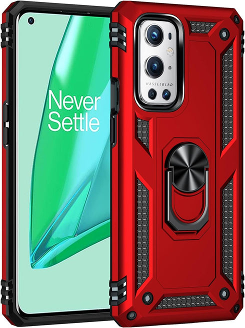 Military Grade Shockproof Case for Oneplus 9 Pro, 360 Metal Rotating Ring Kickstand Holder, Heavy Duty Red