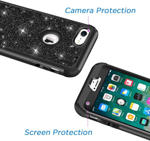Hython Heavy Duty Full-Body Defender Case for iPhone 7 and 8, Bling Glitter Sparkle Hard Shell Hybrid - Black