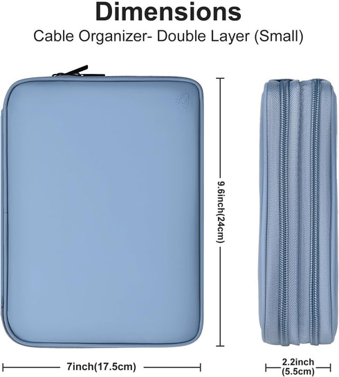 Leather Cord Organizer Travel Bag, Waterproof Tech Organizer for Charger and Electronic Accessories (Gray&Blue)