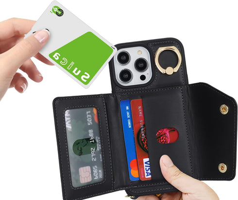 iPhone 12 Pro Max Case with Card Holder and Strap, Zipper Pocket, Crossbody Lanyard Strap, Cute Phone Wallet Case for