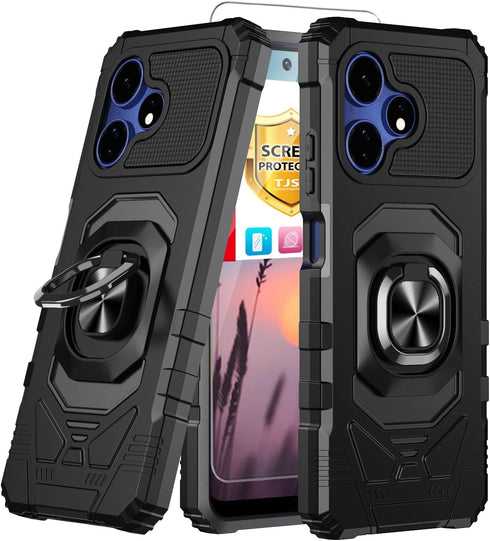 TJS Heavy Duty Celero 5G + Plus 2024 Case with Tempered Glass Screen Protector, Metal Ring Kickstand - Black