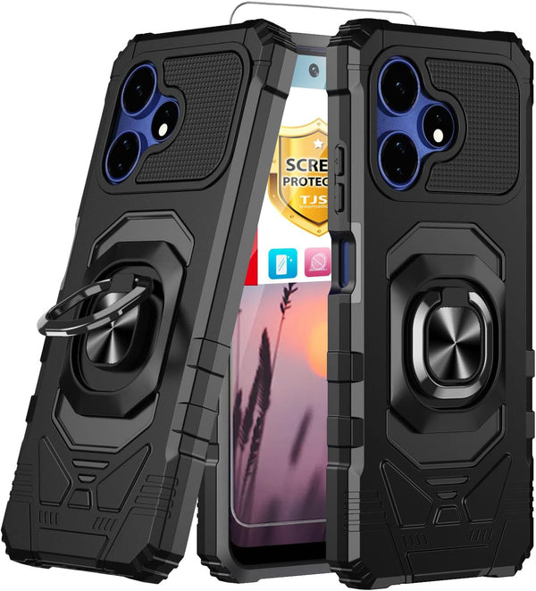 TJS Heavy Duty Celero 5G + Plus 2024 Case with Tempered Glass Screen Protector, Metal Ring Kickstand - Black