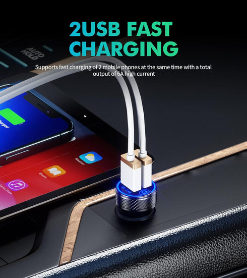 ?2Pack? USB Car Charger Adapter, Dual USB Port 5V/4.8A Charge Car Phone Charger with Blue LED & Touch Switch for iPhone