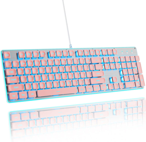 surmen G1000 Typewriter Backlit Pink Keyboard, Full Size 104 Keys, Silent Membrane USB Wired for PC Desktop