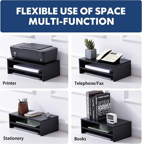 FITUEYES 2 Tier Monitor Stand - Black Wood Desktop Riser with 16.7 Inch Shelf for Laptop, Desk Organization, DT204201WB