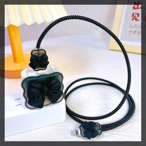 Kawaii Phone Cable Protector for iPhone 18W/20W USB-C Charger, Clear Soft Protective Case Data Line Cover, Black