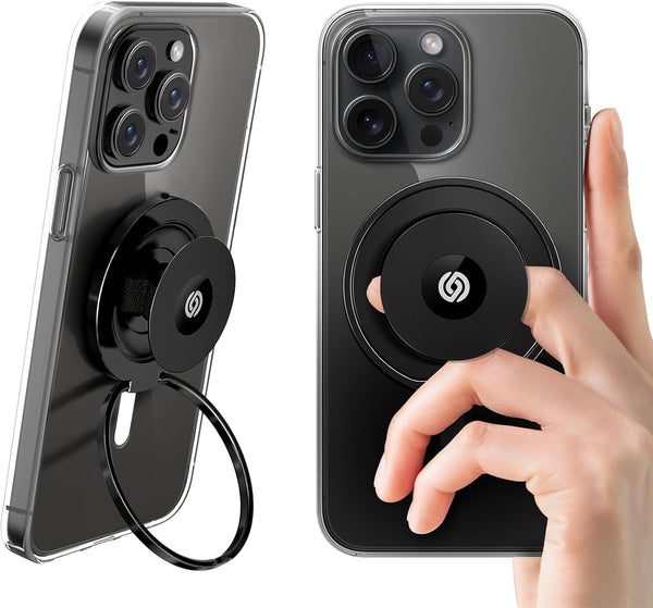 EWA MagOne Ultra Phone Grip Stand - Black, Leather Finger Strap, Removable Magnetic Ring Holder