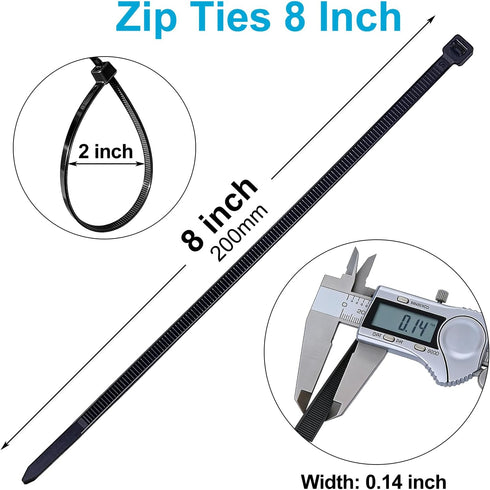 mfuifdo 150 Pack 8 Inch 40Lbs Zip Ties Black, Tensile Strength, Premium Nylon Cable Ties, Plastic Zip Ties, For Garage
