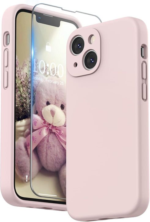 SURPHY Compatible with iPhone 13 Mini Case with Screen Protector, Liquid Silicone Phone Case 5.4 inch, Chalk Pink