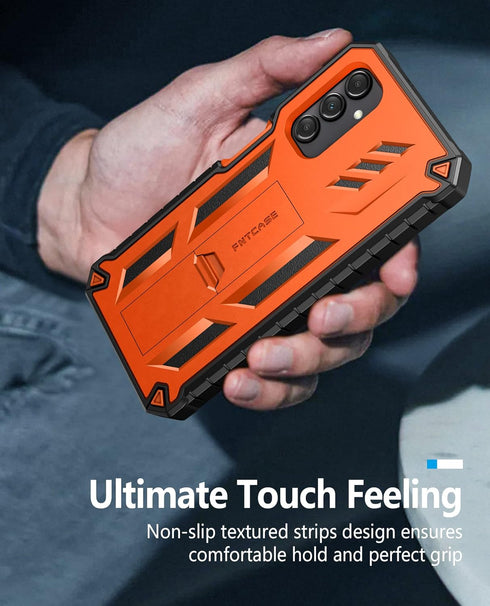 FNTCASE Samsung Galaxy A14-5G Case, Orange, Dual-Layer Protective Textured Shockproof Rugged TPU Cover with Kickstand