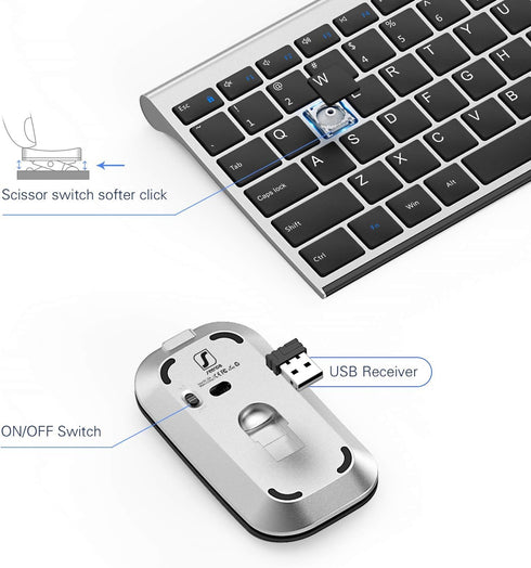 seenda Rechargeable Wireless Keyboard and Mouse Combo, Ultra Thin Low Profile with Number Pad, Black and Grey