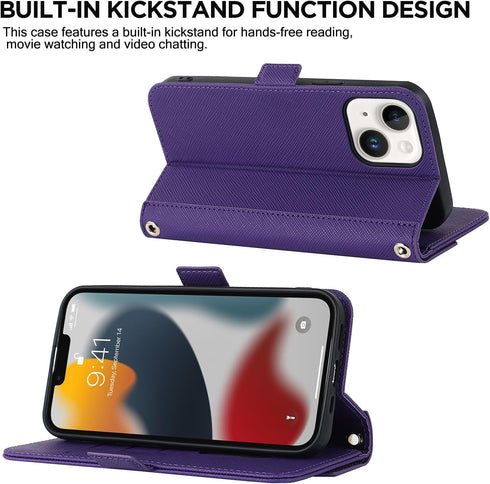 ANSHOW 15 Crossbody Purse Case for iPhone with Leather Wallet & Card Slots, Flip Case with Built-in Kickstand, Long