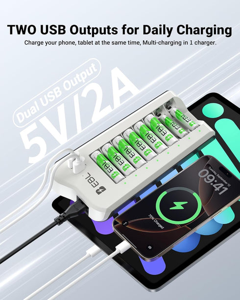 EBL 1100mAh (16 Pack) 2 NiMH AAA Rechargeable Batteries and Rechargeable AA AAA Battery Charger with USB Charging Ports