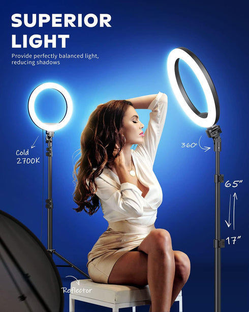 Kaiess 10.2" 65" Dimmable Selfie Ring Light with Adjustable Tripod Stand & Phone Holder for Live Stream/Makeup