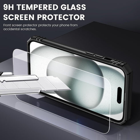 Maxdara iPhone 15 Case, Black with Front Glass Protector, Slide Camera Cover & Rotating Kickstand for 6.1" iPhone 15.