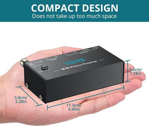 6.35MM MM 12V Phono Turntable Preamp, Mini Preamplifier with RCA Input & Headphone and RCA Output, Low Noise Operation