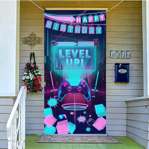 Video Game Happy Birthday Party Door Banner, Level Up Background for Boys Gamer Room Themed Birthday Decoration, 70.8 x
