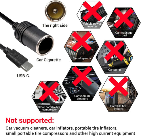 USB C Male to 12V Adapter, USB to Car Cigarette Lighter Socket Converter Cable