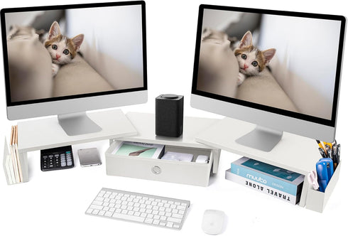 Dual Monitor Stand Riser with Drawer & Metal Leg, Large White Computer Monitor Riser with Storage for 2 Monitors