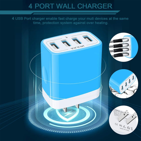 Wall Charger, USB Charger Adapter, AILKIN 4.8A 4-Multi Port Fast Charging Station Power Base Block for iPhone, iPad,