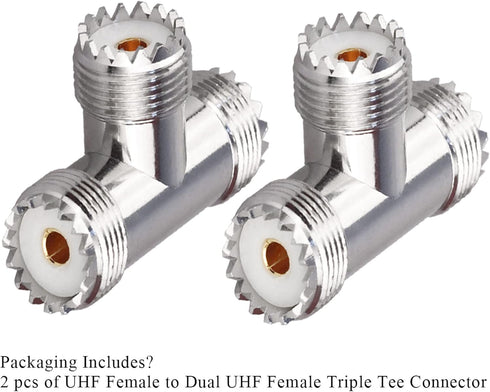 UHF Triple Tee Connector UHF Female to Dual UHF Female 3 Way Splitter Coax Adapter PL259 SO239 T Shape Adapter, 2 Pack