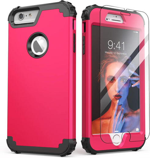 IDweel Case for iPhone 6S Plus with Tempered Glass Screen Protector, 3 in 1 Shockproof Hybrid Cover, Rose Red