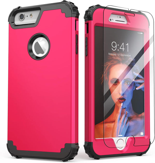 IDweel Case for iPhone 6S Plus with Tempered Glass Screen Protector, 3 in 1 Shockproof Hybrid Cover, Rose Red