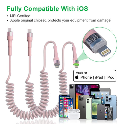 Coiled USB C to Lightning Cable 3Ft, Short iPhone Charger for Car Apple CarPlay, Pink with Data Sync & LED