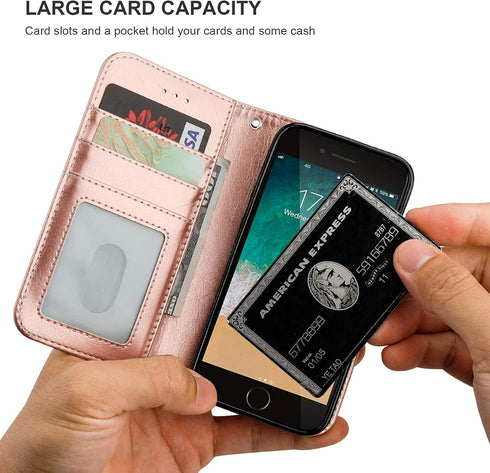 Bocasal Wallet Case for iPhone SE (2022)/SE (2020)/8/7 with Card Holder, PU Leather, Magnetic Detachable Kickstand,