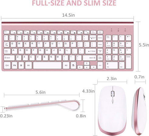FENIFOX Wireless Keyboard and Mouse, Full-Size Compact, Whisper-Quiet, Compatible with Mac PC Laptop, Rose Gold Pink
