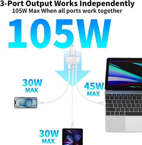 105W USB Car Charger 3-Port for Family Travel, PD 45W & QC3.0 30W Super Fast Charging for Multiple Devices