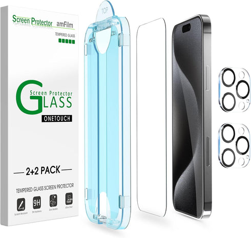 amFilm OneTouch 2+2 Pack iPhone 15 Pro Screen Protector 6.1" - Tempered Glass, Camera Lens Protector, 9H HD, Case