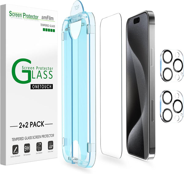 amFilm OneTouch 2+2 Pack iPhone 15 Pro Screen Protector 6.1" - Tempered Glass, Camera Lens Protector, 9H HD, Case
